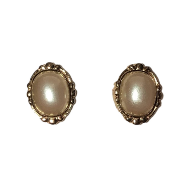 𝅺vtg 10k Yellow Gold & Faux Pearl Oval Stud Earrings Approx 14mm - Picture 1 of 4